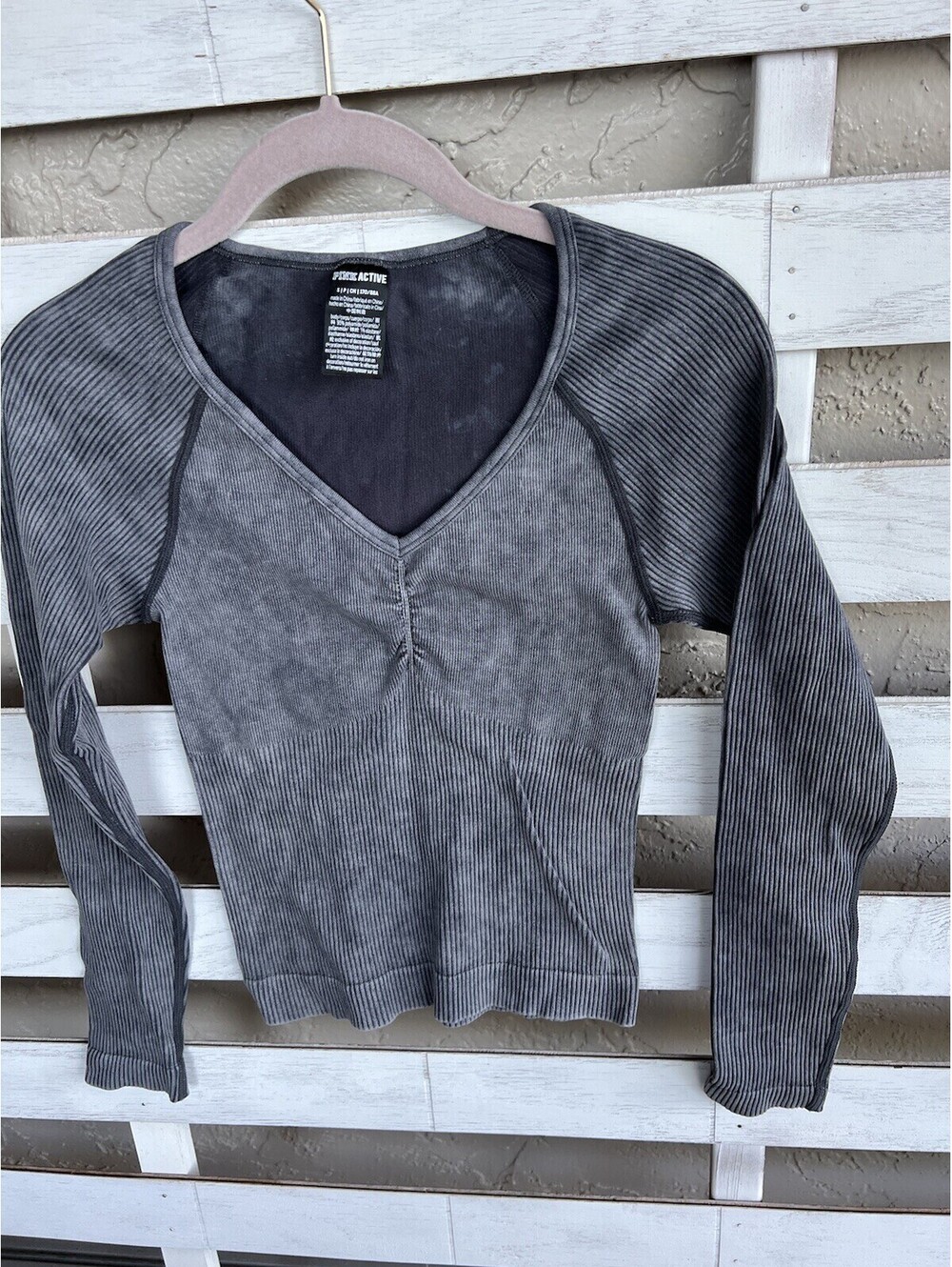 PINK Victoria's Secret Stone Acid Wash Seamless Grey Crop Top Ribbed